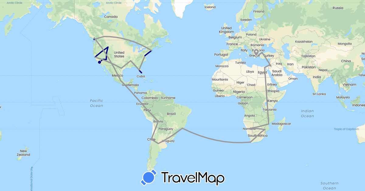 TravelMap itinerary: driving, plane in Argentina, Bolivia, Brazil, Botswana, Canada, Chile, Egypt, Greece, Israel, Jordan, Mexico, Mozambique, Namibia, Peru, Turkey, United States, South Africa (Africa, Asia, Europe, North America, South America)